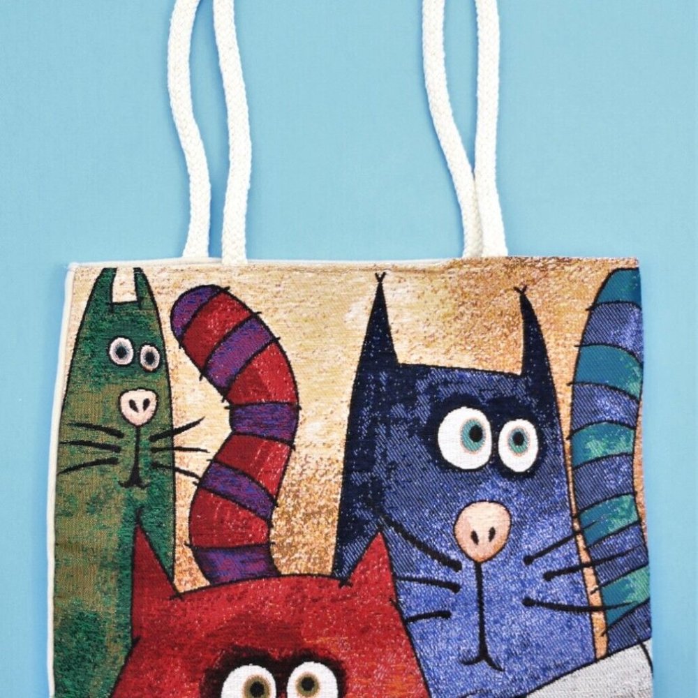 Tapestry Bag Tote Cats Shopping Beach Gym Shoulder 16"x 15" Unique Design New - Picture 3 of 13